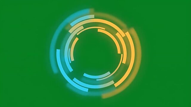 Futuristic Sci-Fi HUD Rotating Circle Interface with Blue and Orange Glowing Elements on Green Screen
