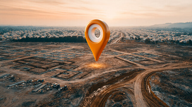 Orange location pin indicates development on large residential construction site at sunset.