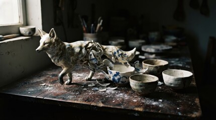 Fototapeta premium Ceramic fox sculpture fragmenting into tea bowls
