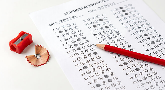 pencil and sharpener on multiple choice form. OMR sheet fill rounded with black pencil concept.
