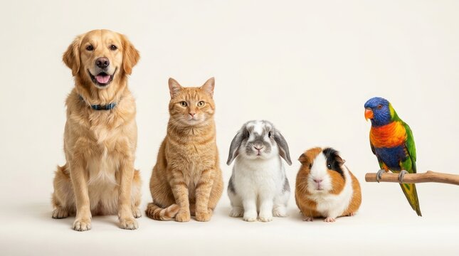 Group of domestic pets including golden retriever, orange cat, rabbit, guinea pig, and rainbow lorikeet on white background