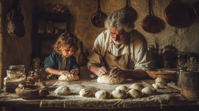 Elderly Italian man baking homemade bread together with his grandchild, wide distant shot, vintage Italian kitchen, clean and well-kept, iron utensils, textured walls