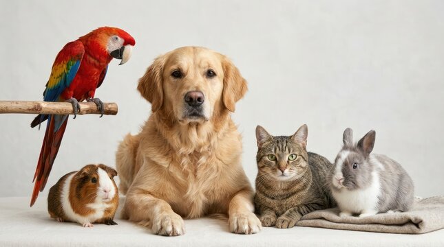 Row of adorable domestic pets sitting on a white table with a cozy blanket