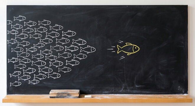 Yellow chalk fish leading a school of white fish on a blackboard for leadership, unique business strategy, and competitive advantage concept