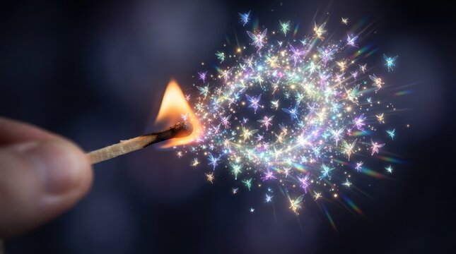 Lit match creating magical glowing fairy dust sparks