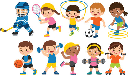 Fototapeta premium Active children playing sports, healthy lifestyle cartoon vector illustration for fitness education and recreation activities
