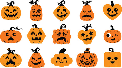Fototapeta premium Set of various halloween pumpkin vector flat illustration designs isolated on transparent background
