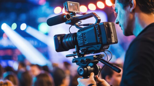 Professional videographer filming live event with cinema camera and colorful stage lights background