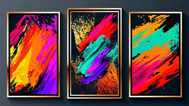 Neon brush stroke glowing on dark canvas panel with gold framing in a triptych layout in sharp focus for interior decor marketing