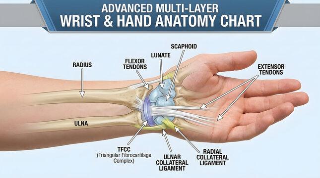 Detailed Medical Infographic Showing Human Hand and Wrist Anatomy With Labels.