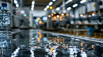 Fototapeta premium Night shift cleaning of a beverage bottling line with wet reflective floor, stainless steel equipment, organized sanitation process and realistic industrial lighting