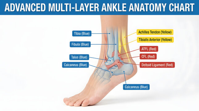 Detailed Medical Anatomy Chart Showing Human Ankle Joint Bones and Ligaments.