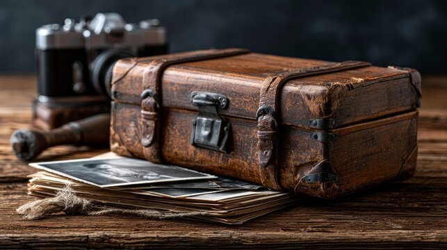 Vintage suitcase and old photographs resting on rustic wooden table with antique camera in moody lighting for historical travel branding
