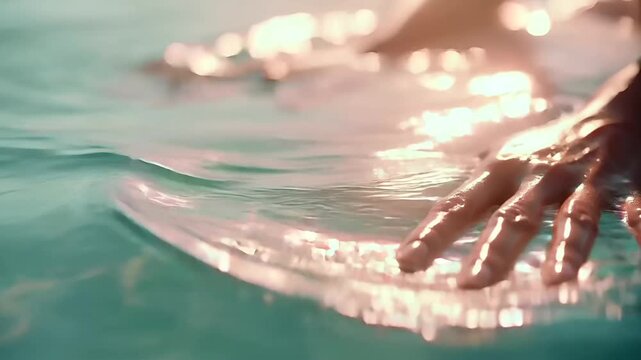 Summer hot vibe lifestyle. A closeup shot of a persons hands submerged in water. The water is a vibrant turquoise, reflecting the warm, golden light of the setting sun.