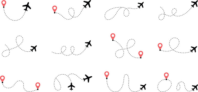 Airplane flight path routes with pin map pointers, airplane dashed trace line infographic element vector set