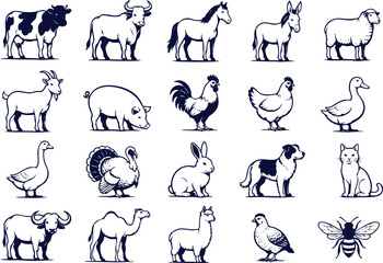 Fototapeta premium Farm Animals Vector Icon Set, Livestock Collection, Cow, Horse, Sheep, Goat, Pig, Chicken, Duck, Rabbit, Camel Black and White Icons