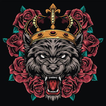 Wolf head with crown and roses