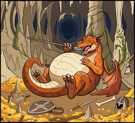 Cartoon Dragon Relaxing on Treasure Hoard in Fantasy Cave Vector Illustration © SNCox