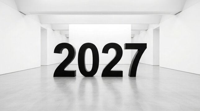 Large black three dimensional numbers showing the year 2027 standing in a bright minimalist white architectural interior space