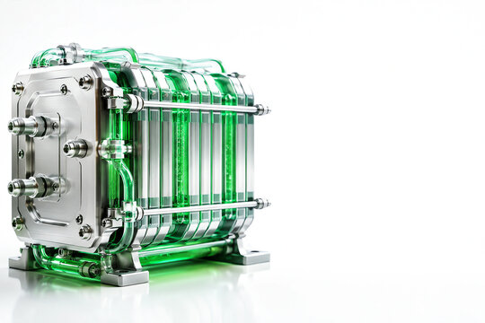  Macro Photo of Green Hydrogen Fuel Cell Stack with Flowing Liquid