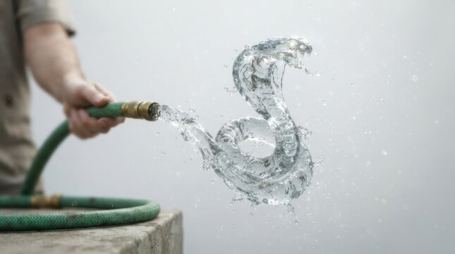 Water shaped into a cobra snake coming from a garden hose