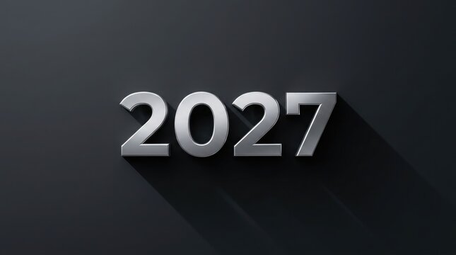 Three dimensional metallic silver numbers representing the year 2027 isolated on a dark grey background with soft shadows