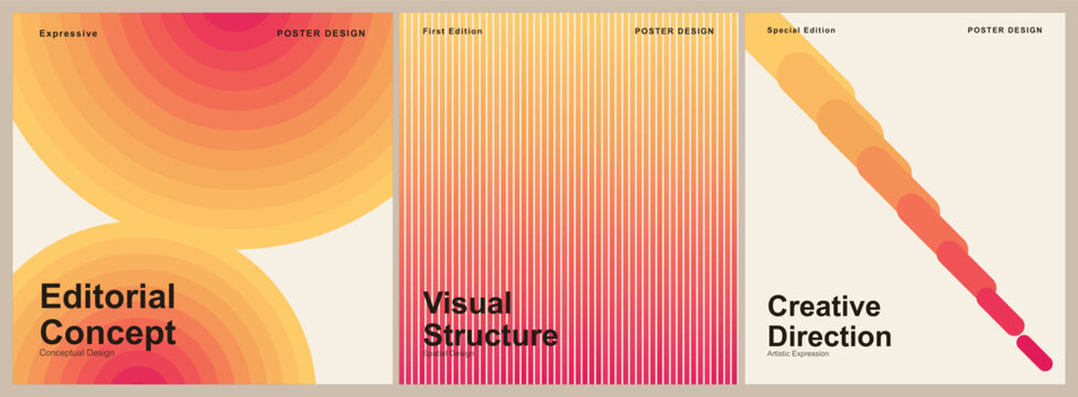 Set of three minimalist editorial layout templates featuring warm gradient circles, vertical lines, and diagonal geometric patterns for modern design presentations
