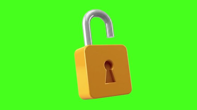 3D Open Padlock Security Icon Animation on Bright Green Background