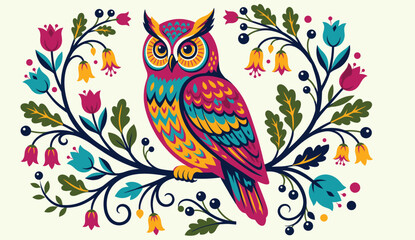 Folk art vector illustration of a colorful horned owl perched on a branch surrounded by a symmetric frame of tulips, bellflowers, and dark berries in a rustic linocut block print style © GraphicGalaxy