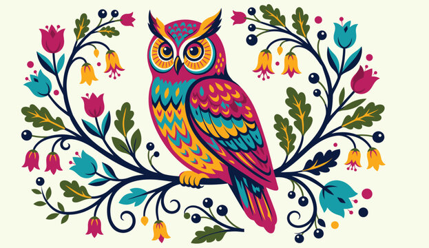 Folk art vector illustration of a colorful horned owl perched on a branch surrounded by a symmetric frame of tulips, bellflowers, and dark berries in a rustic linocut block print style