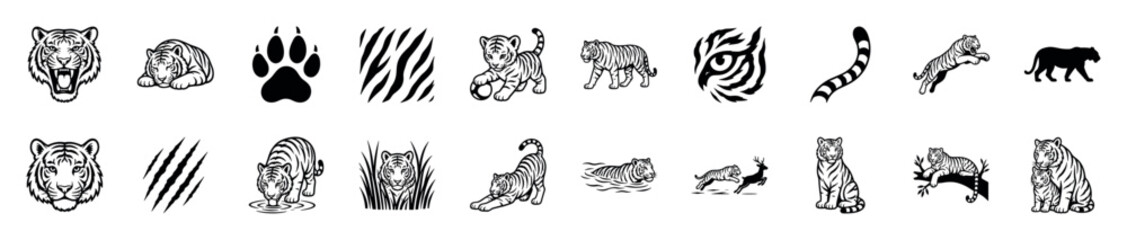Obraz premium Large set of black and white tiger icons and symbols showing various poses like roaring, hunting, playing, and elements like a paw print, stripes, and claw marks