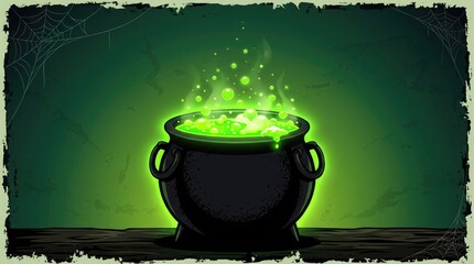 A black iron cauldron bubbling with glowing green magic potion on a dark wooden table for halloween celebration © ZANNATUL