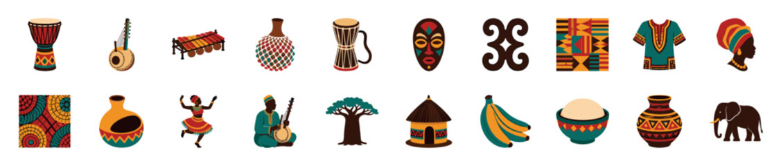 Obraz premium Large collection of colorful African icons representing cultural heritage, including djembe drums, kente patterns, a tribal mask, people, and wildlife in a flat design style