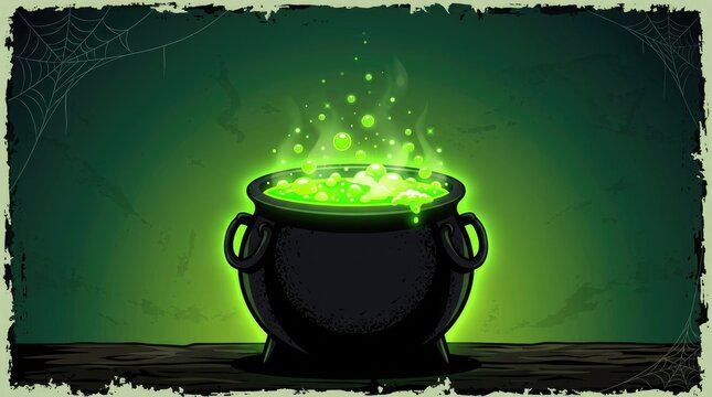 A black iron cauldron bubbling with glowing green magic potion on a dark wooden table for halloween celebration