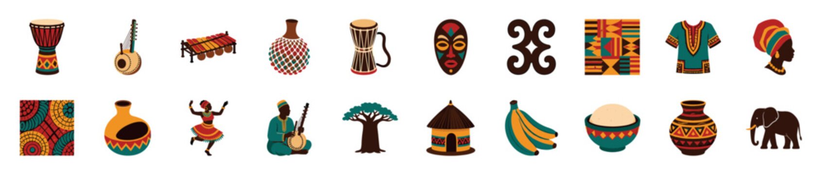 Large collection of colorful African icons representing cultural heritage, including djembe drums, kente patterns, a tribal mask, people, and wildlife in a flat design style