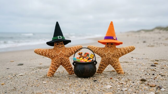 Two starfish wearing witch hats standing on a sandy beach next to a small black cauldron of candy