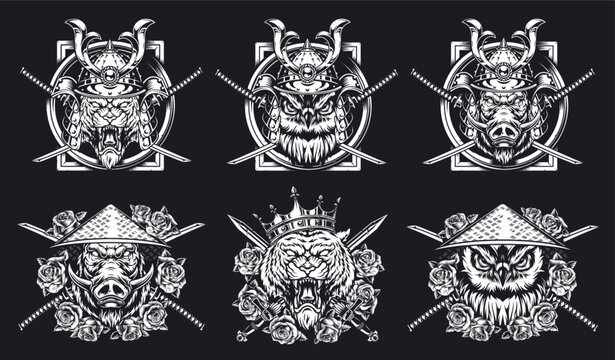 Animal heads with swords