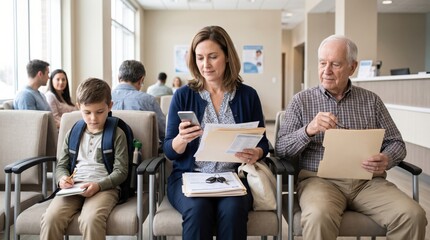 Obraz premium clinic waiting room reveals invisible caregiver mental load as one adult manages documents, timing, questions and comfort for child and older family member during one visit.