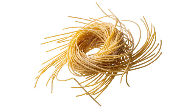 Raw spaghetti pasta nest, dry golden wheat noodles in circular swirl, uncooked italian pasta ingredients for mediterranean cooking isolated PNG with Transparent Background