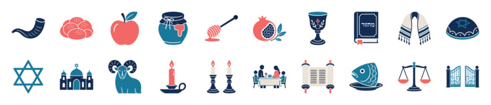 Collection of Jewish holiday icons for Rosh Hashanah and Yom Kippur, including a shofar, apple, honey, pomegranate, and Torah scroll in a flat illustration style