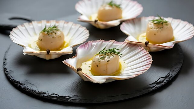Appetizer of seared scallops in shells with herb infused oil and fresh rosemary on dark slate platter for culinary presentation