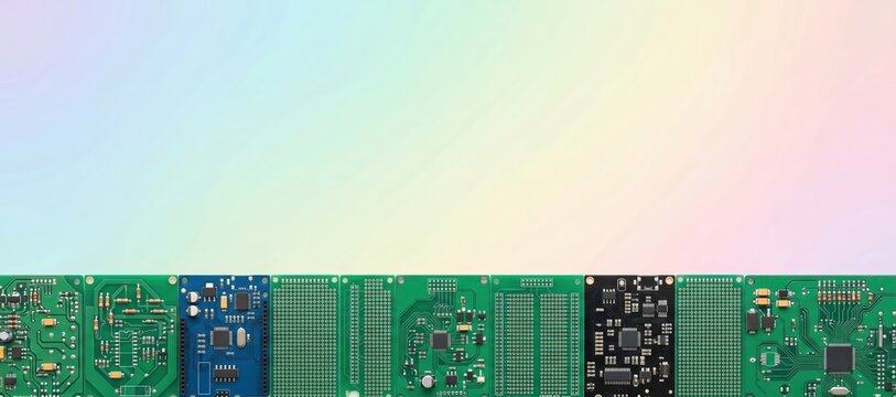 Electronic circuit boards lined up against pastel gradient background