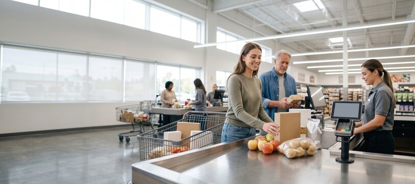 Customers checking out groceries at modern supermarket counter