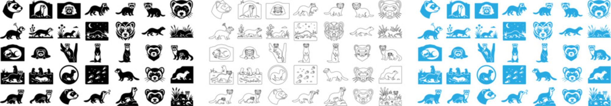 Ferret icon set. Vector collection of weasel and polecat silhouettes for animal design.