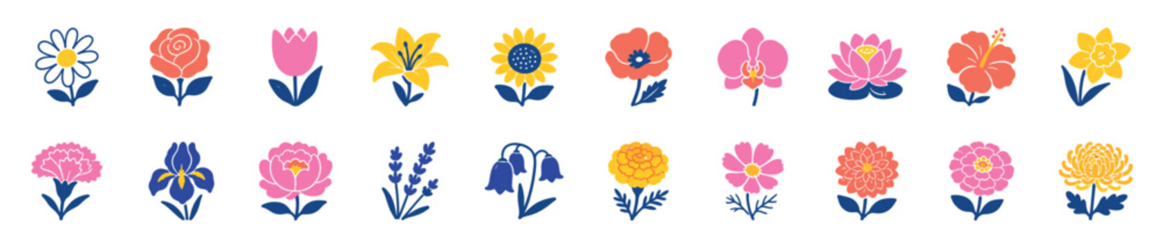 Collection of eighteen colorful flower icons in a modern, graphic block print style, featuring a variety of blooms like rose, tulip, sunflower, and poppy for decoration