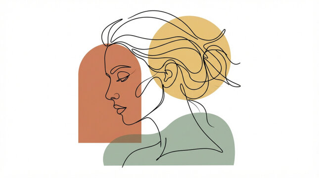 Feminine side profile continuous line art vector abstract face terracotta color block poster