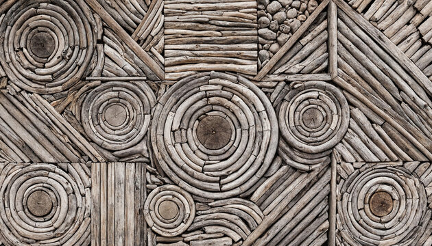 Detailed close up of a wall installation made from circular patterns of weathered driftwood sticks and smooth river stones in a mosaic