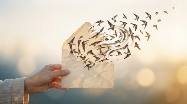 Hand holding envelope with birds flying out