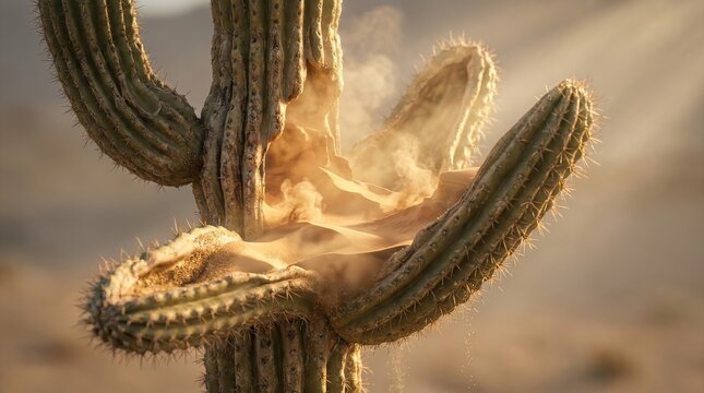 Saguaro cactus with swirling desert sand and sunlight