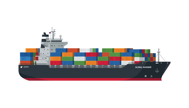 Large container ship global mariner vessel loaded with colorful cargo boxes vector illustration for maritime logistics global trade transport